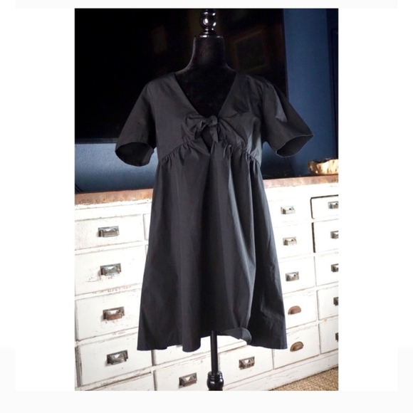 Madewell Black Tie-Front Mini Dress Size 12 NWT Cotton Empire Waist V-Neck - Picture 3 of 13